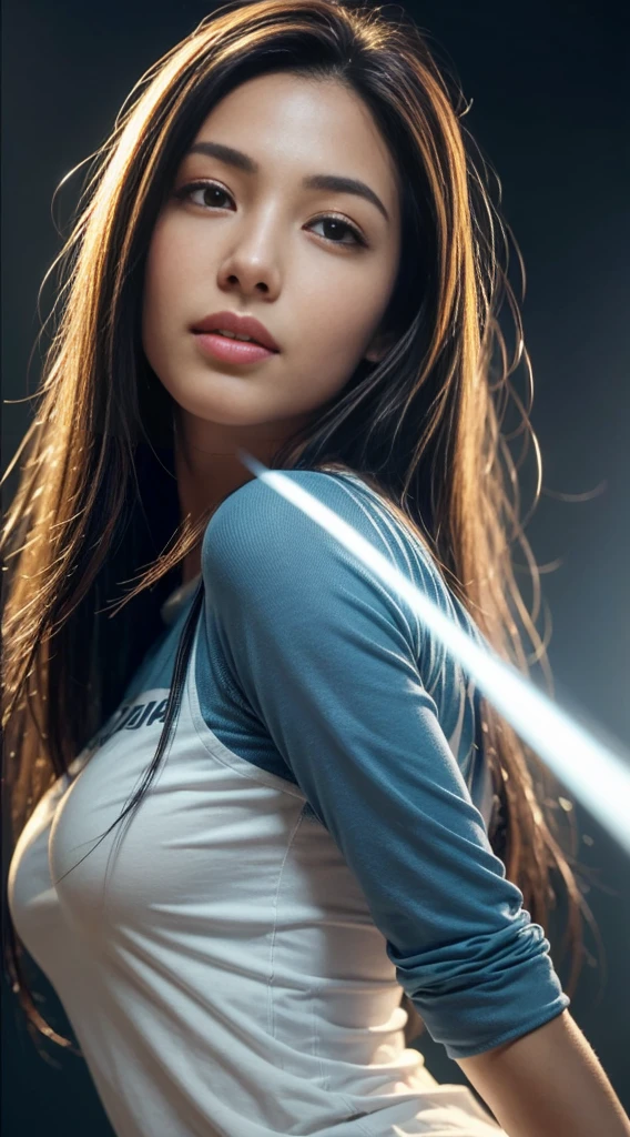 Dressed, (photo Realistic:1.4), (hyper Realistic:1.4), (Realistic:1.3), (Smoother lighting:1.05), (Improving the lighting quality of movies:0.9), 32k, One girl,20 year old girl, Realistic lighting, Backlight, Light on the face, Ray-tracing, (Bright light:1.2), (Improvement of quality:1.4), (Highest quality real texture skins:1.4), Detailed drawn eyes, Detailed painted face, Quality Eyes, (Tired, sleepy and satisfied:0.0), Face close-up, T-Shirts, (Enhance the mood of your body line:1.1), (Enhances the beauty of skin texture:1.1)