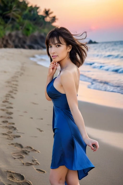 masterpiece, Highest quality, High resolution, Photorealistic, RAW Photos, 8k wallpaper, perfection, Professional Lighting, Outdoor, Very detailed, Written boundary depth,Beach、Sandy Beach、sunset, ((One beautiful woman, Japanese Mature)), (48 years old)), Sexy Woman, Detailed face, Back view、Sandy Beachを歩く、footprints、Bob Hair, Faint lips,(Fingers touching lips:1.5)、 ((look back、Gazing at the viewer、Serious face eyes。)), Blue clothes, Shoulderless Dress、Full Body、Beautiful feet、スリットからのBeautiful feet、(The dress flutters in the wind:1.5)。(Hair blowing in the wind:1.2)、barefoot
