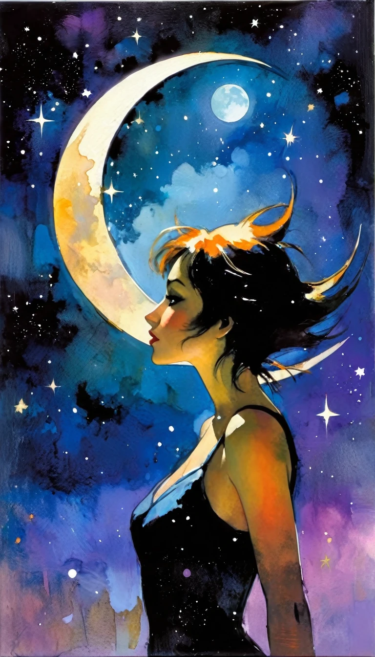 magic, fantastic, night sky, moon, stars, background, (simple oil painting in a style to Bill Sienkiewicz)
