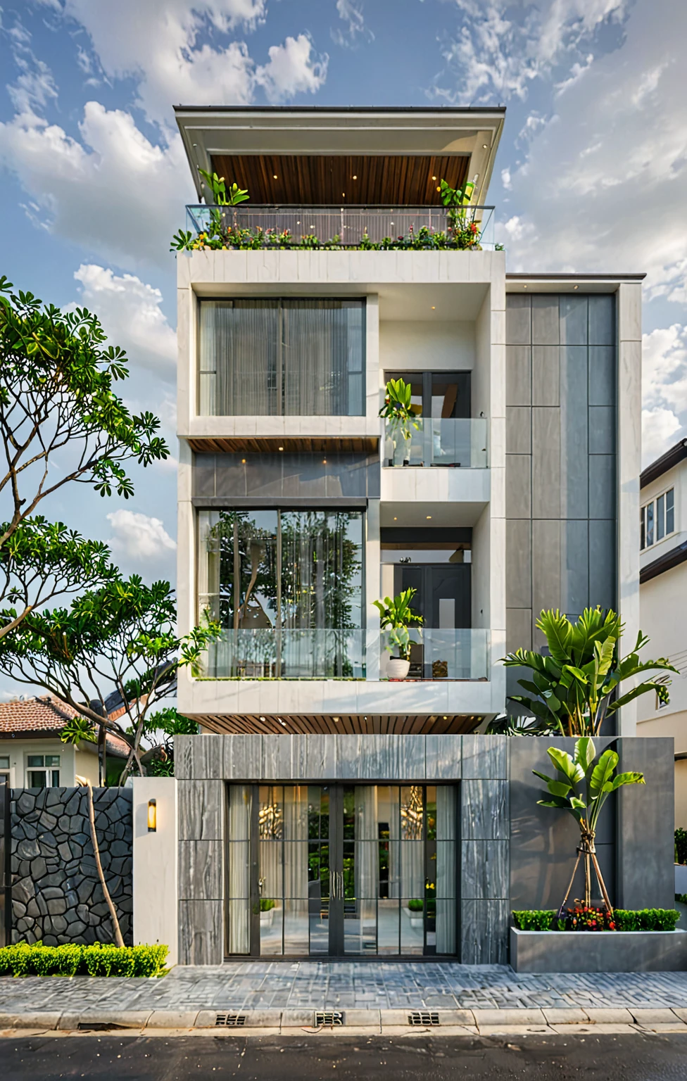 modern villa on street, (overcast lighting:1.2), tropical tree, vivid color, curve wall, streetcapes, nice sky, grey and wwhite tone, (large glass door:1.2), warm interior lighting, modern material, best quality, ultra realistic, masterpiece, 17ArchiAI_XL_VL-v1