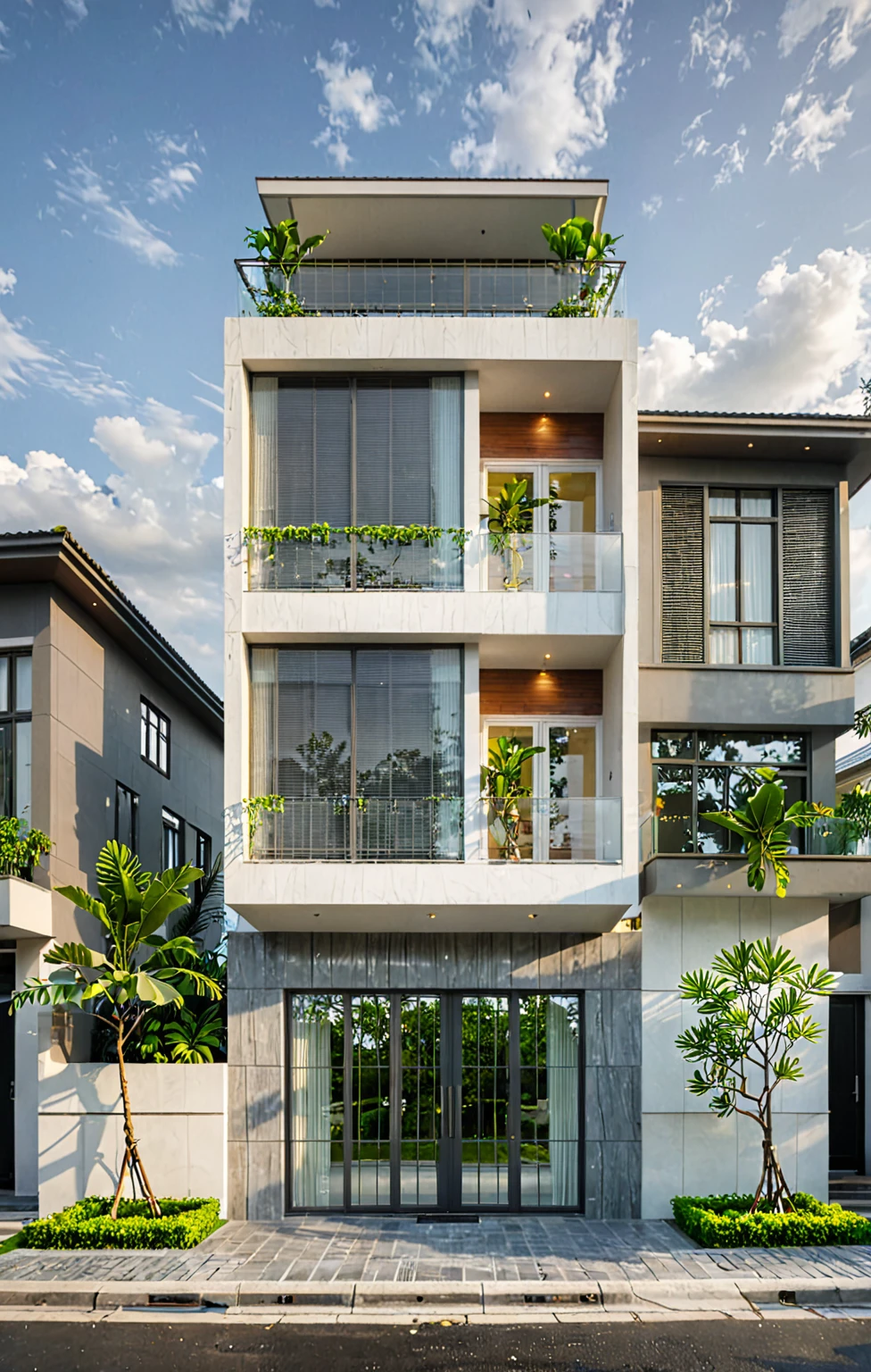 modern villa on street, (overcast lighting:1.2), tropical tree, vivid color, curve wall, streetcapes, nice sky, grey and wwhite tone, (large glass door:1.2), warm interior lighting, modern material, best quality, ultra realistic, masterpiece, 17ArchiAI_XL_VL-v1