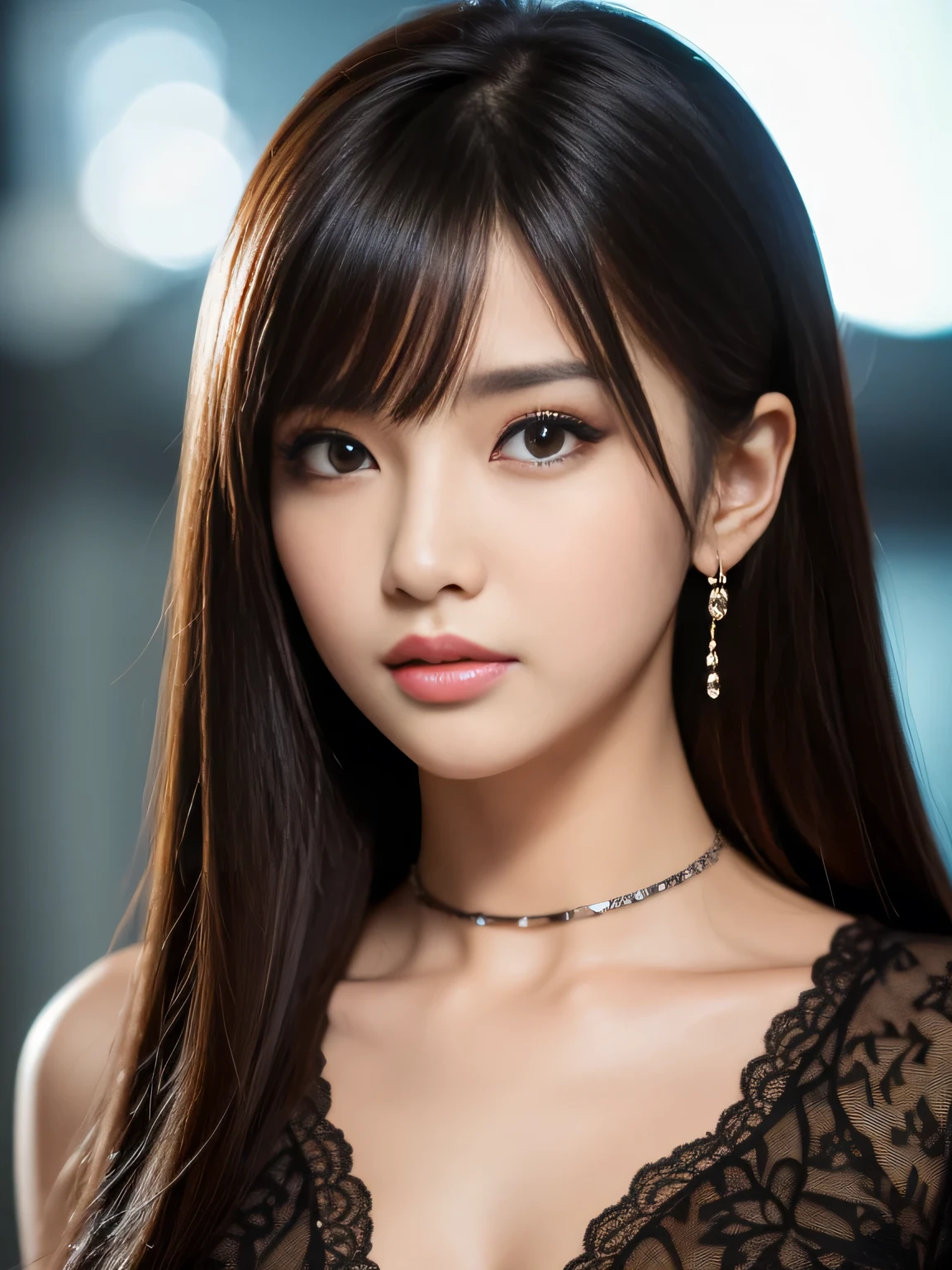 masterpiece, best quality, ultra-detailed, intricately detailed hyperdetailed, realistic, sharp features, highly detailed, sharp focus, Japanese idol, perfect face, perfect symmetrically perfect eyes, perfect full lips, flexible female form, cinematic, neon light, Shadow, hyper detailed, hyper realistic, high resolution, vibrant, dynamic lighting, background, (long hair, straight Bangs), brown Eyes, black blouse, Portraiture,