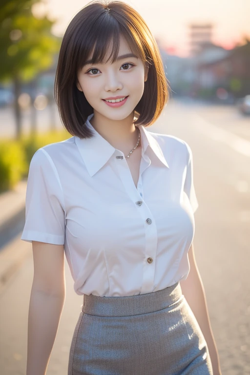 (A gorgeous Chinese office lady, age 22, wearing formal office attire, short-sleeve white shirt with collar and buttons, grey pencil skirt, walking in a sunset, friendly and kind expression, gentle smile, dimpled smile, cute snaggle-tooth, Korean Bob Haircut Side-Bangs-Sophistication, symmetrical face, beautiful detailed face, bright_and_full_of_warmth_eyes, detailed eyes, ample round bosom, photorealistic, hyper-realism, high contrast, ultra HD, realistic skin textures, top image quality, top-quality, super high resolution, fine details, very meticulously, masterpiece, head to knees, the Cowboy shot, romantic atmosphere, bokeh night background)