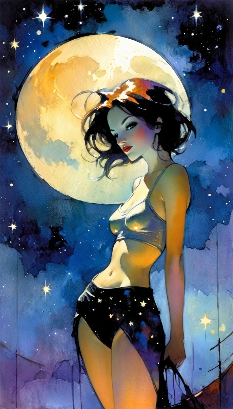 sexy girl, magic, fantastic, night sky, moon, stars, background, (simple oil painting in a style to Bill Sienkiewicz)
