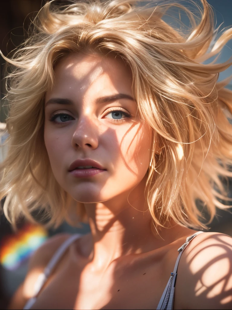 A bitchy, irreverent European woman l with a teasing air. Blonde hair.Hot. Gorgeous.age 23., blonde hair, messy hair, pov, 85mm, Sony FE, Fujicolor, god rays, backlighting, bloom, blurry, UHD, masterpiece, accurate, anatomically correct, textured skin