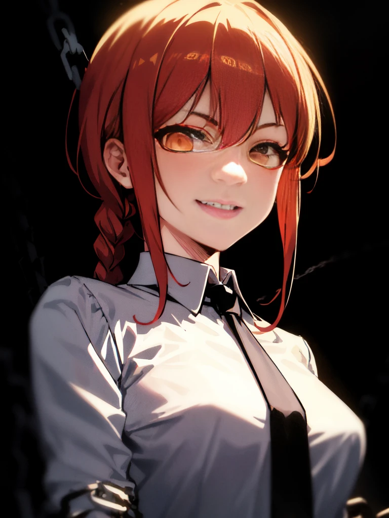 makima \(chainsaw man\), best quality, ultra detailed, 1girl, solo, standing, red hair, long braided hair, golden eyes, bangs, medium breasts, white shirt, necktie, stare, smile, (evil:1.2), looking at viewer, (interview:1.3), (dark background, chains:1.3)