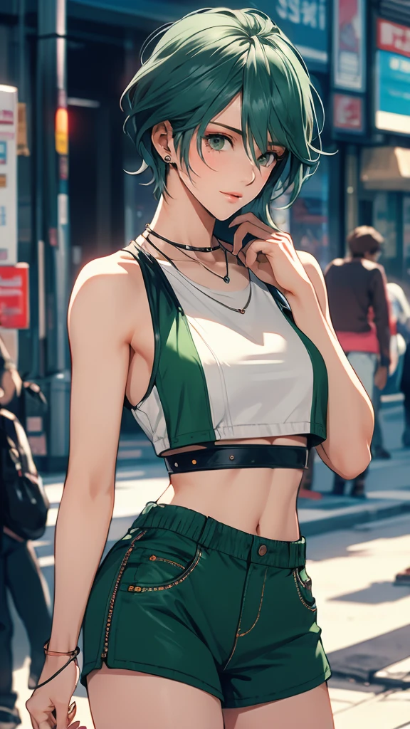 1 Female, Tamaki, green hair, hair between eyes, (detailed eyes:1.3), See-through shirt, Tank top, cargo pants