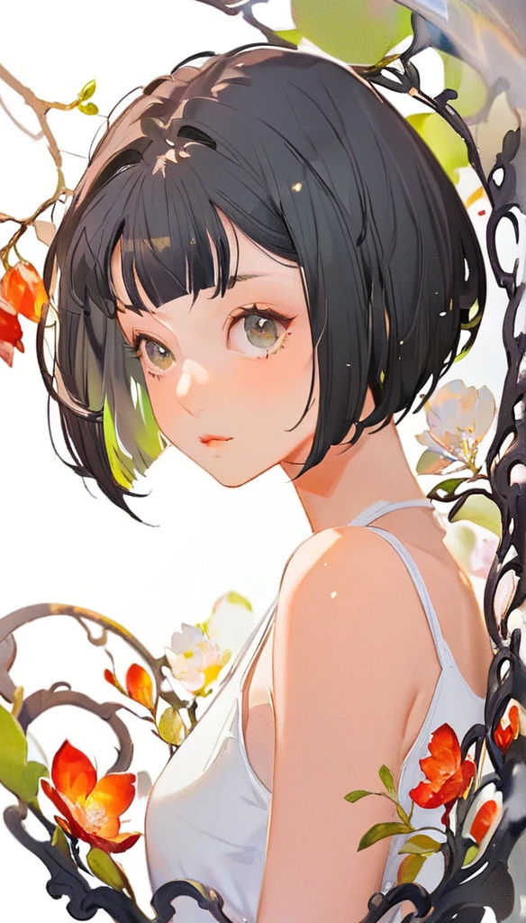1girl, black short hair, bob cut, white tank top, cat on girl, card style