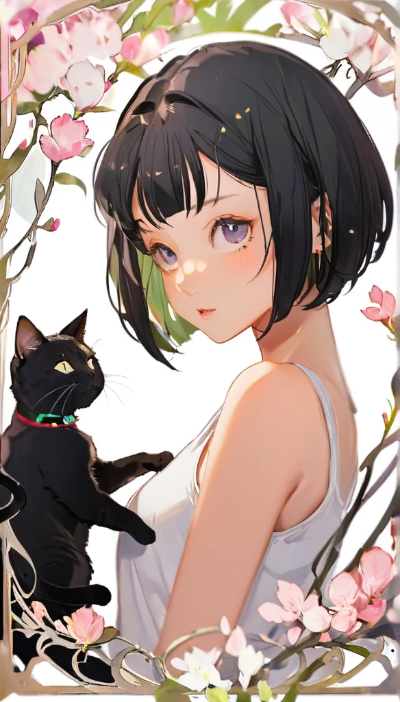 1girl, black short hair, bob cut, white tank top, cat on girl, card style