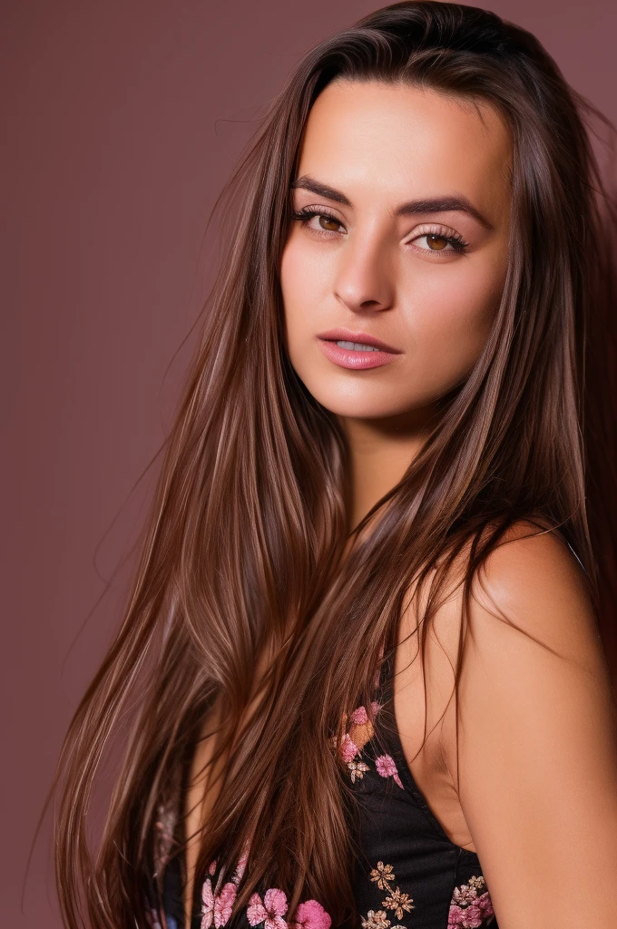 Body Portrait of model DOMINIKA C with dark brown Hair Style, Beautiful, perfect eyes, (Eye makeup:1.1), (highly detailed skin:1.1), (perfect medium breasts), facebook dp, wearing a floral dress, ((SFW)) , Realistic, PHOTOREALISTIC, detailed face, soft lighting, Modelshoot style, Professional photography, standing in a dark studio background, blurred background, RAW, analog style, sharp focus, 8k UHD, DSLR, high quality, Fujifilm XT3, grain, award winning, masterpiece,