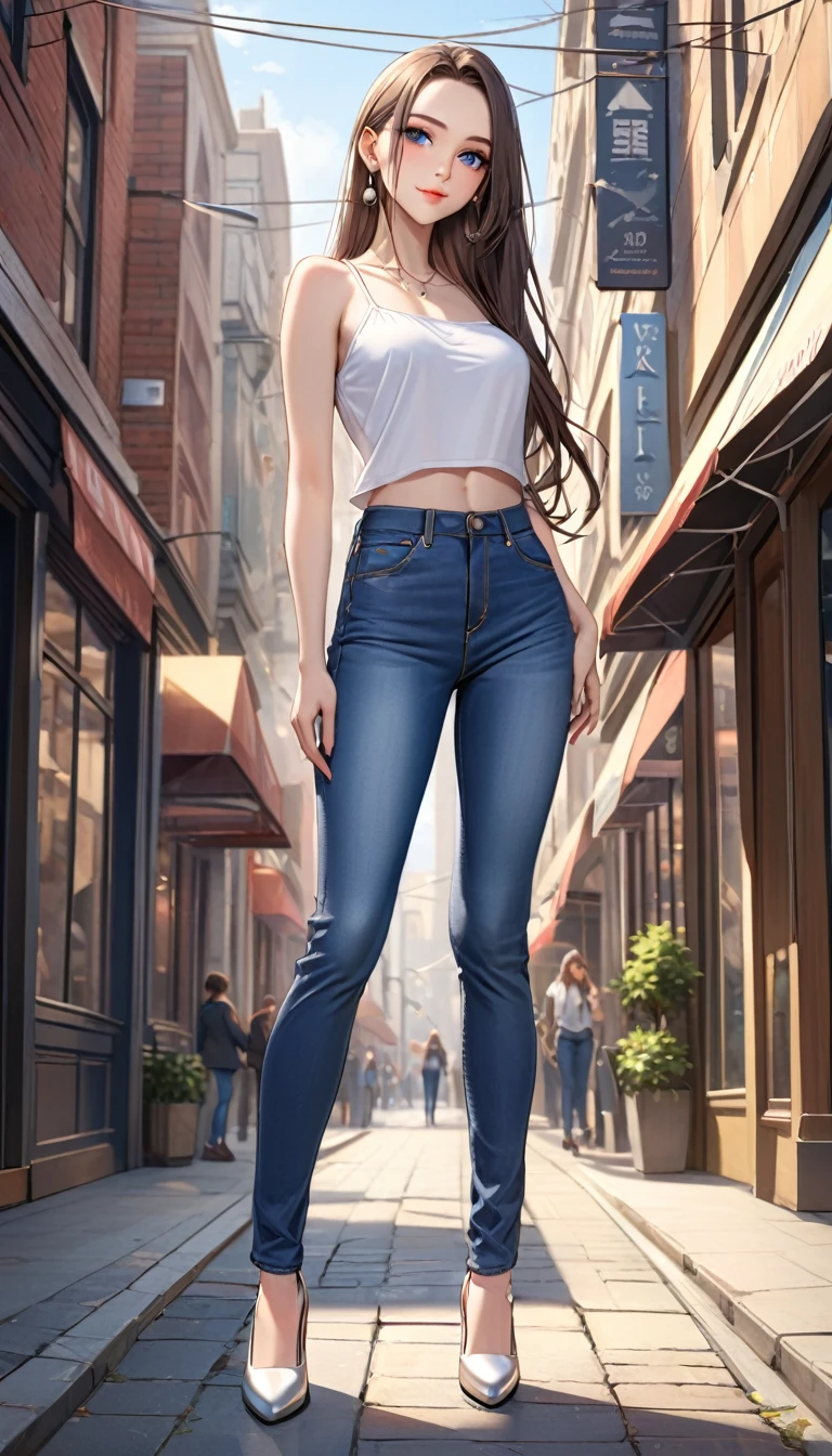 ((best quality, masterpiece:1.3, 8K)), (detailed), highly detailed face and skin texture, detailed eyes, downtown, full body, seductive pose, slender body, 1girl, 25 years old, white skin, bright lips, seductive smile, long hair, (forehead:1.0), stylish top, jeans pants, skinny jeans, blue jeans, footwear,