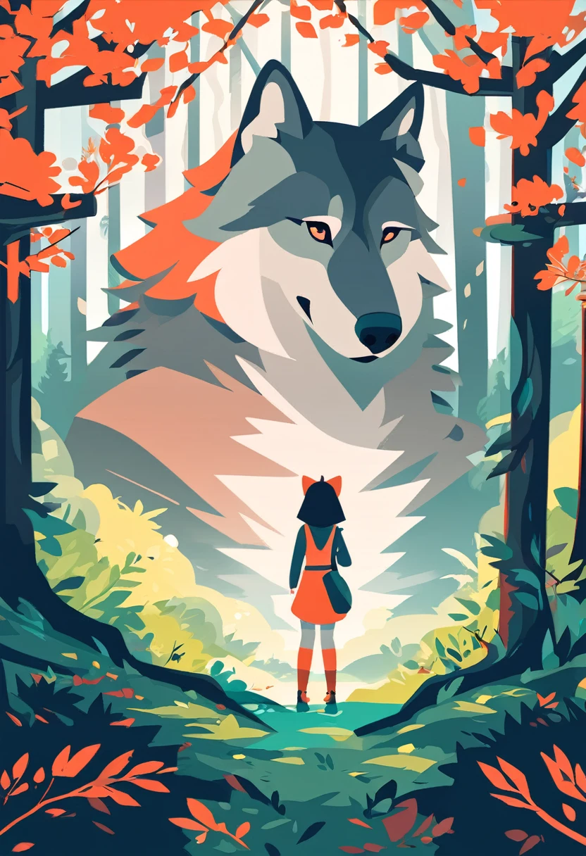 wallpaper of smartphone, A girl and a wolf meet in the forest, flat Design, vector illustrations, graphic illustration, detailed 2d illustration, flat illustration, digital illustration, digital artwork,