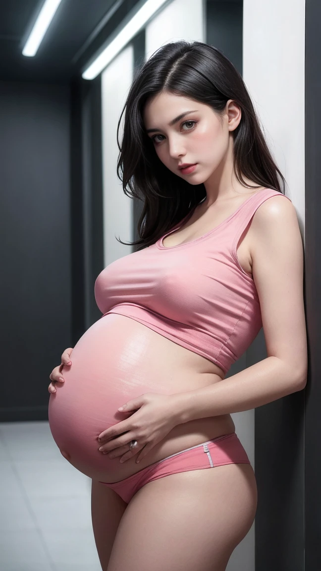 best quality, masterpiece, ultra high resolution, (fidelity: 1.4), original photo, pregnant, hard nipple, Mature, pink top, no bra, no panties, Cinema lighting