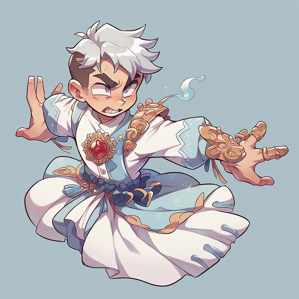 A boy with silver half hair and brue half hair. He has brue eyes. His attire consists of a brue dress adorned with brue and silver details. His dress is embellished with various brue gems and decorated with intricate silver patterns.