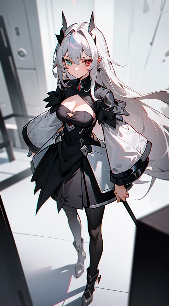 1 girl, solo,serious face,governant outfit,cleavage,silver deep gray hair, long hair,pantyhoses, black and white diamond earrings, standing in the stage on sallon, her left eye is gray, her right eye is rosy red,(( girl has heterochromia))