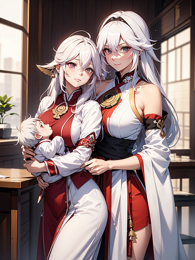 Yae miko, 1woman, as a mother, holding a , white colour hair, 8k, high detailed, high quality