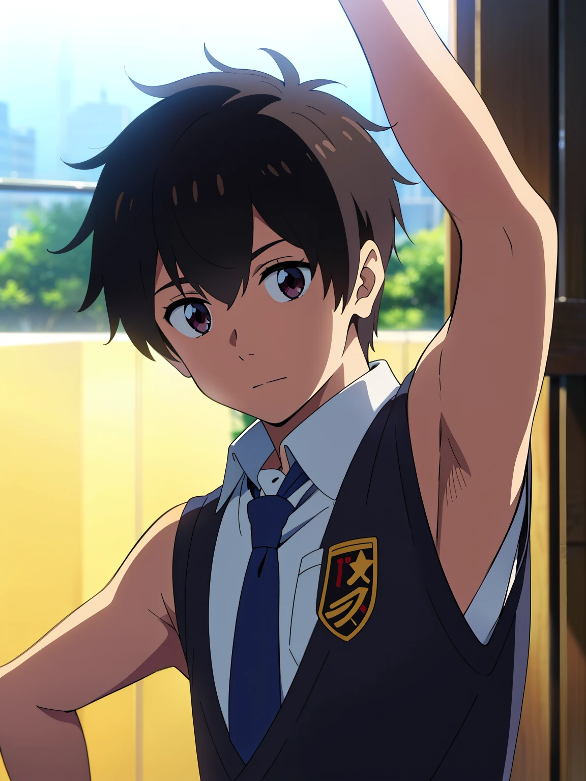 shinkai makoto, kimi no na wa, Highres, Masterpiece, Best quality at best,Best Quality,hight quality, hight detailed, Anime style, 1boy, Shota, young boy, tachibana taki, Solo person, school, Sleeveless uniform, Tie, Seen from the front, look at viewer, upper body, (very young boy), (very small and short body), -yeld bo (Showing armpit:1.3), blurry beckground, hansome boy, Uhd, bokeh