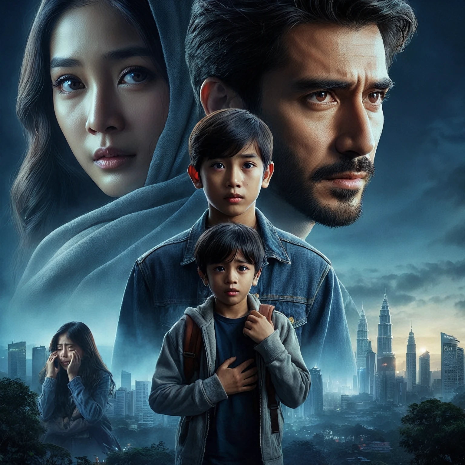 Indonesian romance film poster, about long distance love, close up shot of a man and a 10 year old boy walking in a park while hugging, in the background there is a woman with long hair crying trying to reach at of them, they are gaze at the camera, focus on faces, stunning depiction of a realism surreal film poster, Amazing dark blue background with the shadow of a malay city, fogging effect, city lighting, photorealistic, UHD 1536px, high quality photos.