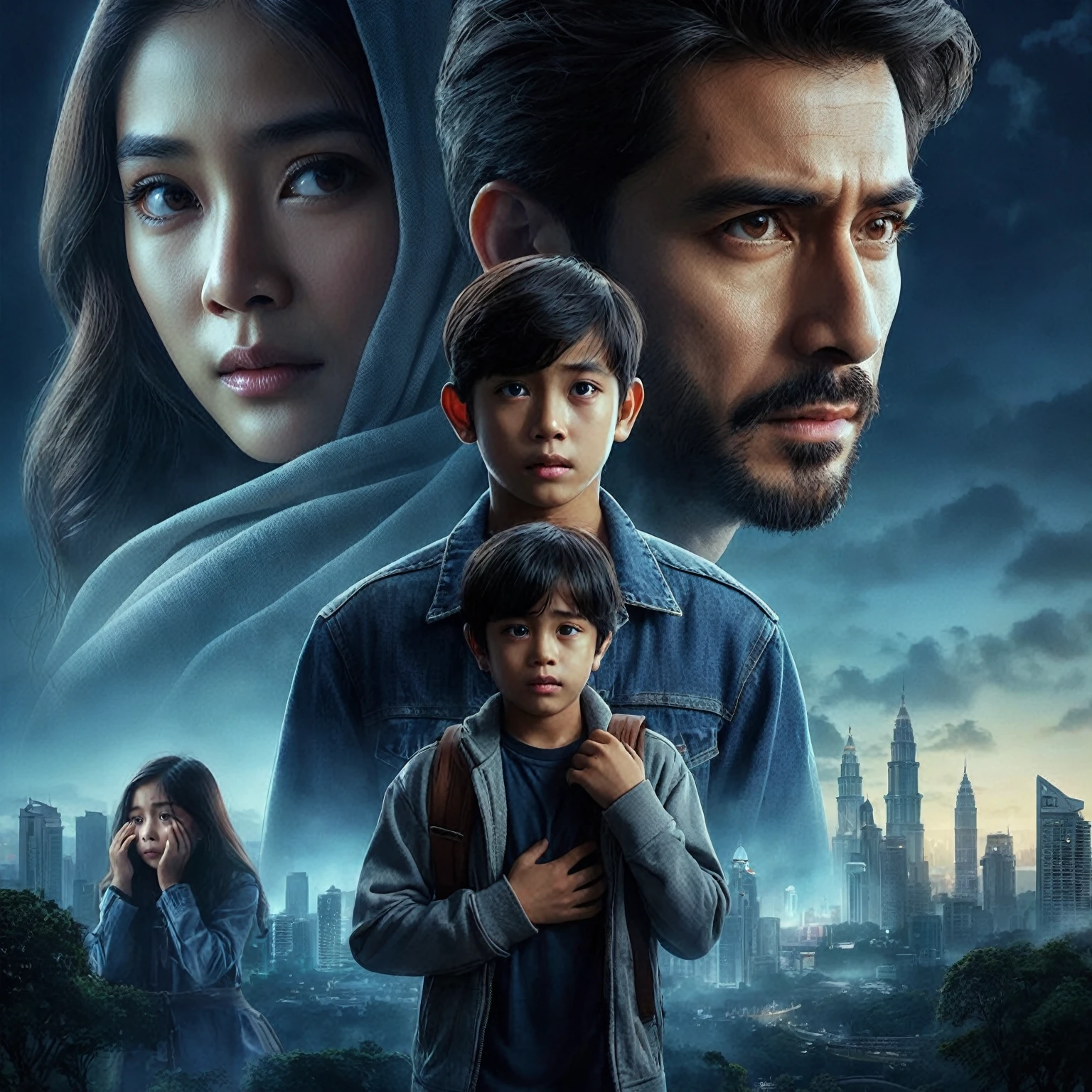 Indonesian romance film poster, about long distance love, close up shot of a man and a  boy walking in a park while hugging, in the background there is a woman with long hair crying trying to reach at of them, they are gaze at the camera, focus on faces, stunning depiction of a realism surreal film poster, Amazing dark blue background with the shadow of a malay city, fogging effect, city lighting, photorealistic, UHD 1536px, high quality photos.