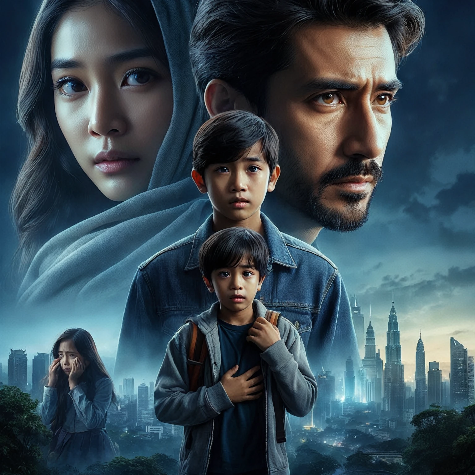 Indonesian romance film poster, about long distance love, close up shot of a man and a 10 year old boy walking in a park while hugging, in the background there is a woman with long hair crying trying to reach at of them, they are gaze at the camera, focus on faces, stunning depiction of a realism surreal film poster, Amazing dark blue background with the shadow of a malay city, fogging effect, city lighting, photorealistic, UHD 1536px, high quality photos.