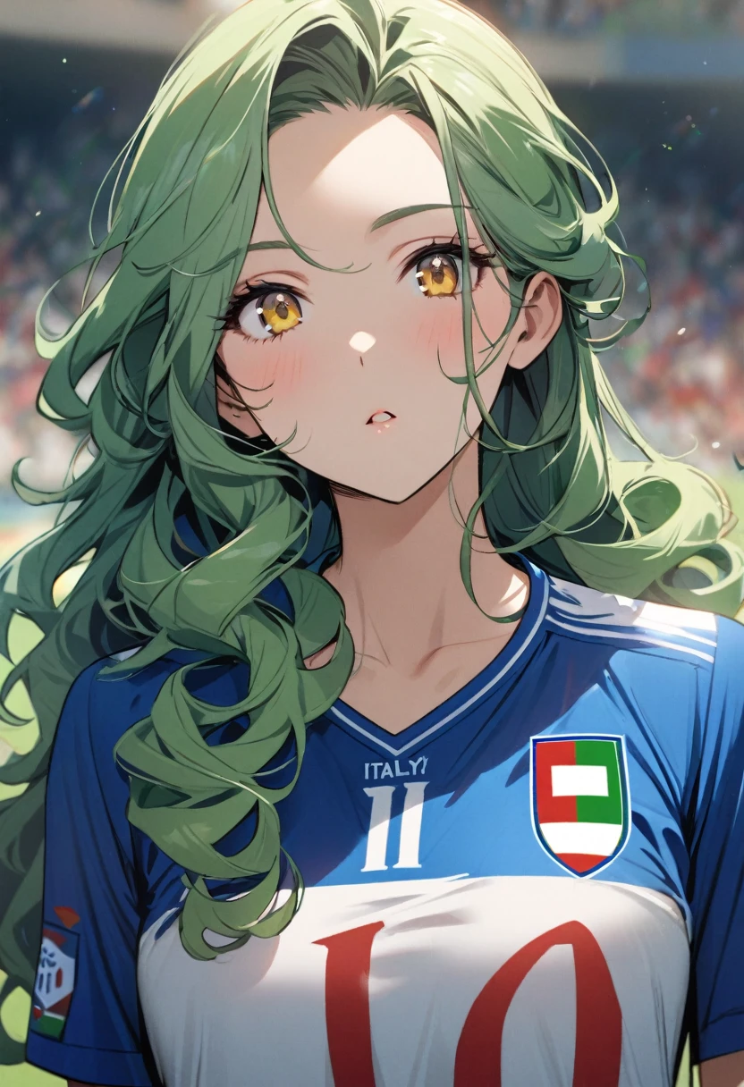 girl, beautiful, curly hair, long hair, yellow eyes, green hair, soccer shirt, italy soccer shirt, blue shirt, number 8