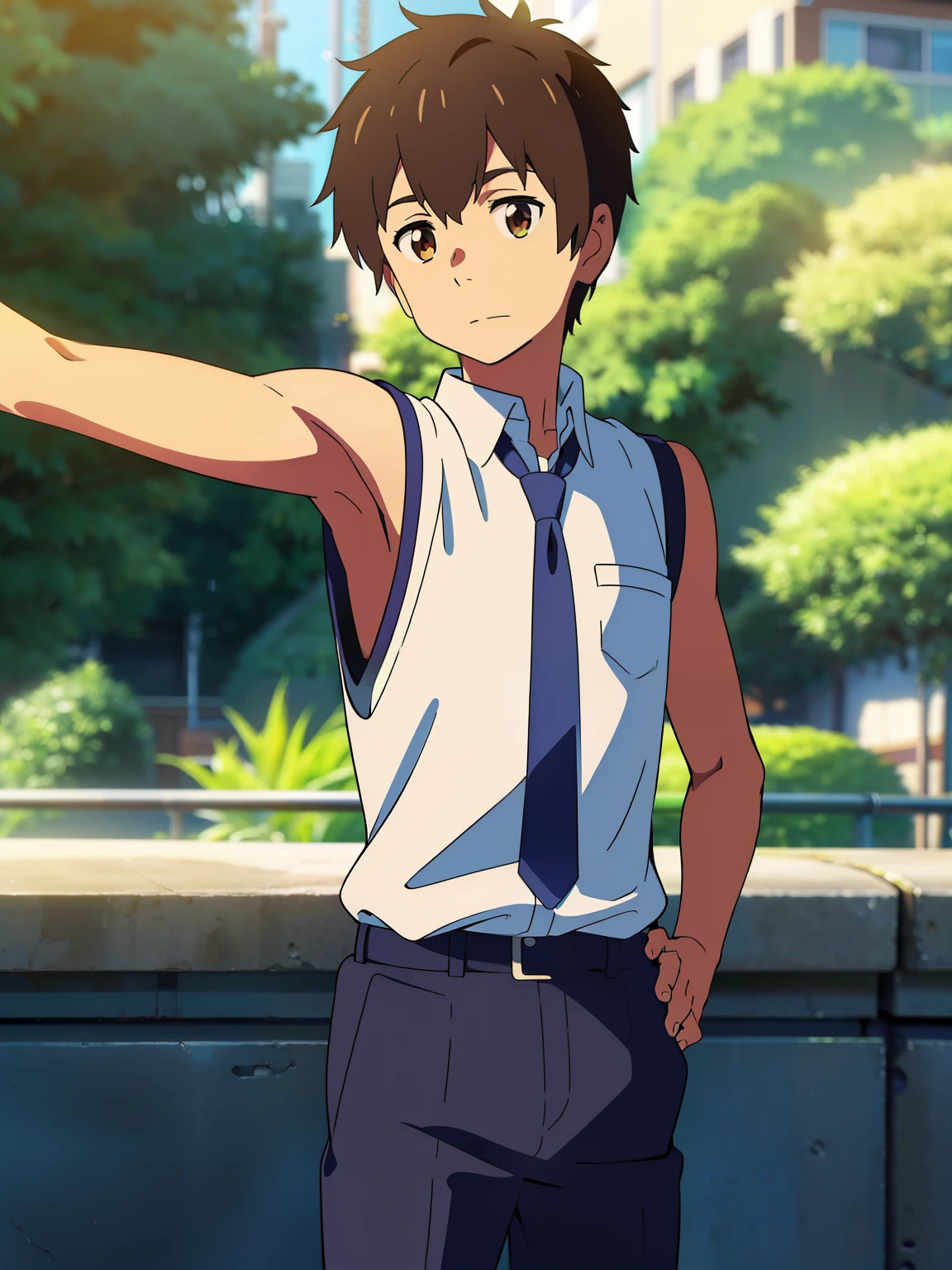 shinkai makoto, kimi no na wa, Highres, Masterpiece, Best quality at best,Best Quality,hight quality, hight detailed, Anime style, 1boy, Shota, young boy, tachibana taki, Solo person, school, Sleeveless uniform, Tie, Seen from the front, look at viewer, body, (Very young boy), (Very small and short body), 12-year-old boys, (Showing armpit:1.3), blurry beckground, hansome boy, Uhd, bokeh