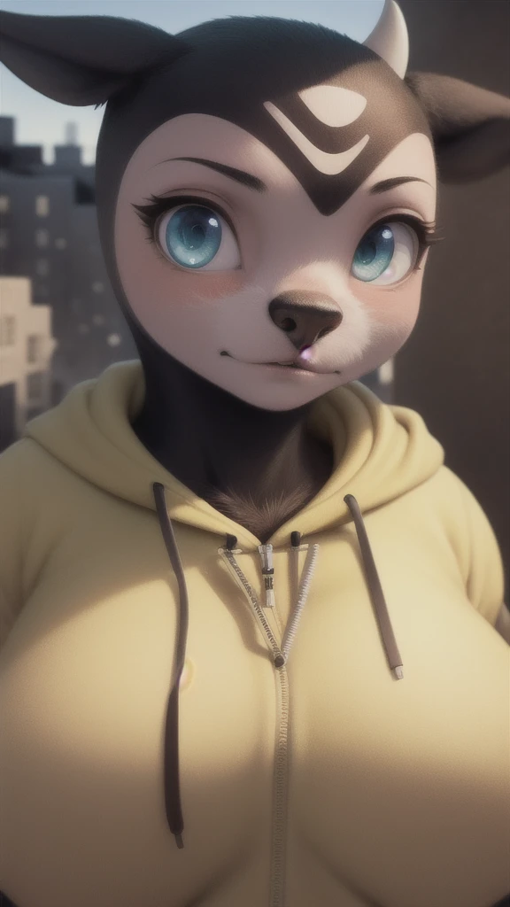 miltank, furry female anthro, cow girl, portrait, close-up,  (hoodie:1.2),  fur trim, solo, (body fur:1.2), (best quality), (detailed urban background:1.2), dramatic lighting, (detailed fluffy fur:1.1), looking at viewer,   medium breasts, white undershirt, 