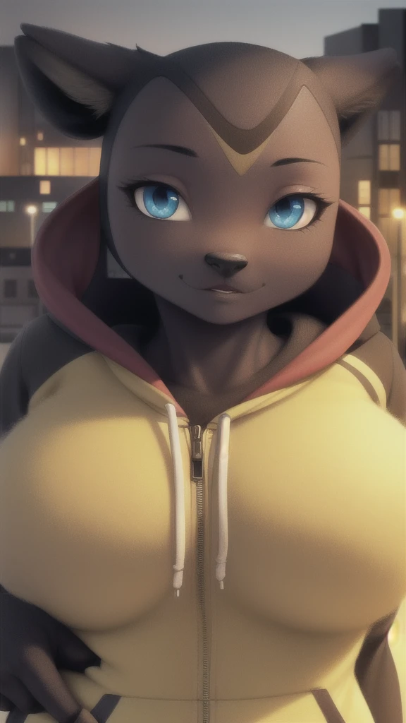 miltank, furry female anthro, cow girl, portrait, close-up,  (hoodie:1.2),  fur trim, solo, (body fur:1.2), (best quality), (detailed urban background:1.2), dramatic lighting, (detailed fluffy fur:1.1), looking at viewer,   medium breasts, white undershirt, 