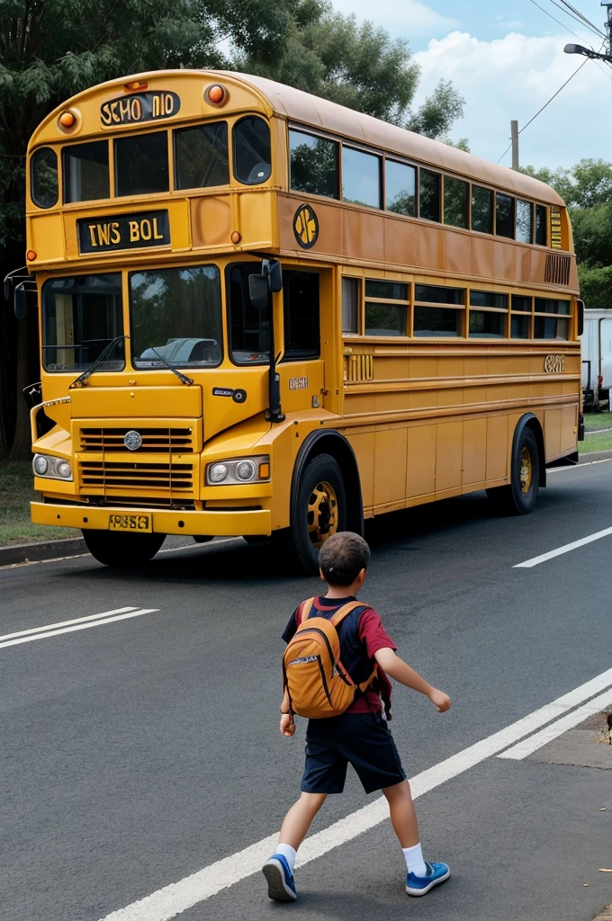 image in which a school bus is driving away and a  is trying to catch it