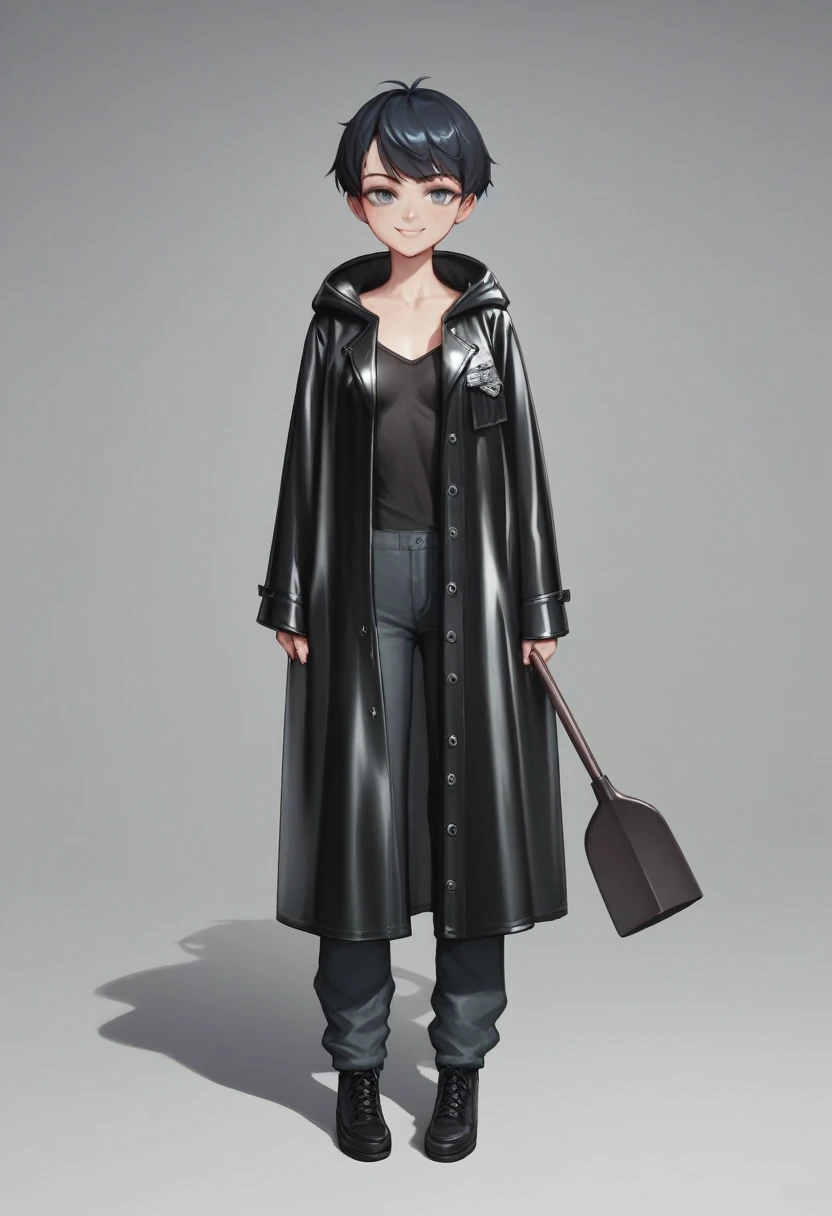 ((very tall girl)), 1 girl, full height, black very short hair, small breasts, in a long ((((black)))) leather raincoat, raincoat unbuttoned, small breasts, gray eyes, smiling, T-shirt and pants under the raincoat, holding a long shovel in his hand, 1 girl in the frame, black raincoat, 1 shovel, gloomy background