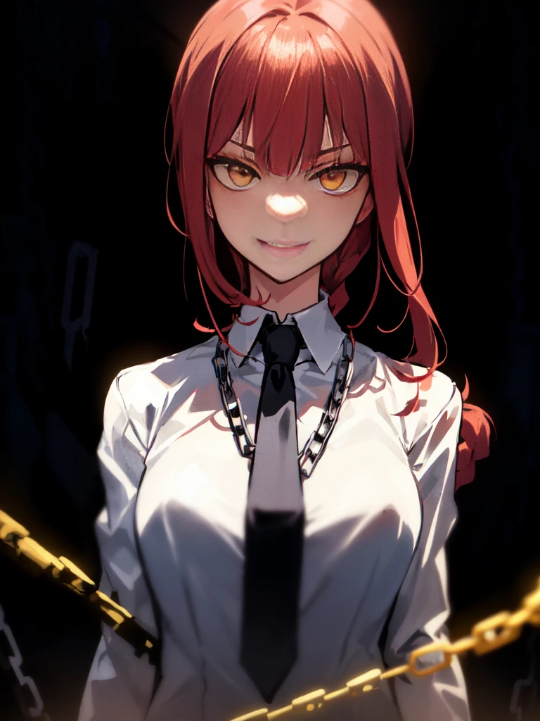 makima \(chainsaw man\), best quality, ultra detailed, 1girl, 独奏, standing, red hair, long braided hair, golden eyes, bangs, medium breasts, white shirt, necktie, stare, Perfect Eyes, (evil:1.2), looking at viewer, (interview:1.3), (dark background, chains:1.3)