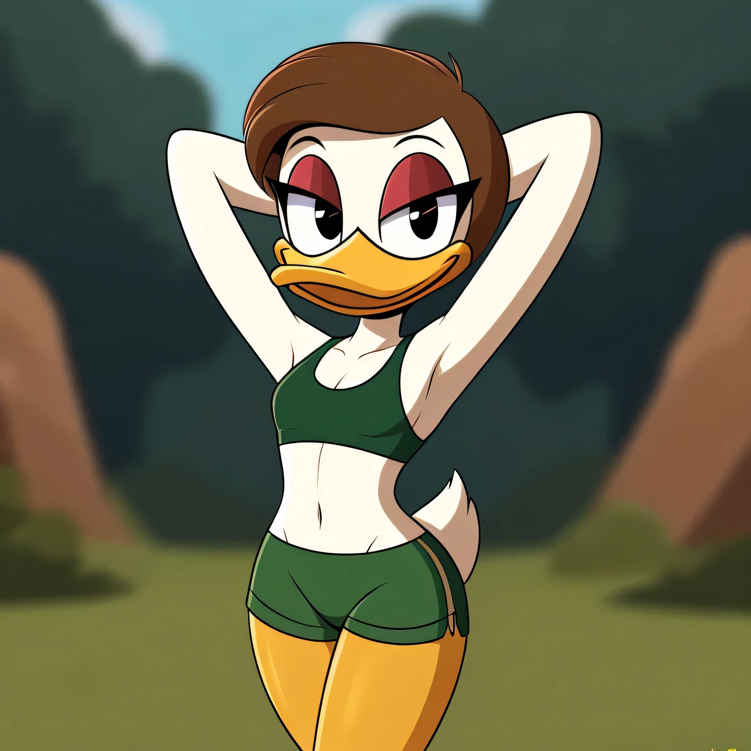 Lana Duck, female duck, brown hairstyle, (yellow legs: 1.2), duck, wears green sports bra, detailed, green shorts, happy, smiling, black eyes, scut tail, flat chested, (detailed white skin: 1.3), (skinny torso: 1.2), red eyeshadow, ducktales, eyeliner, intricate, 8k hd, highest quality, beak, hands behind head, standing, solo:1.2, duck beak, eyeliner, black eyes, (outside), (looking at viewer), (soft cinematic light:1.1), (showing her torso), (lovable attitude),