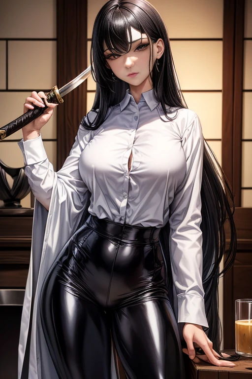 Masterpiece, high quality full length portrait of 1 woman (maduro)) YOUNG), Holding a katana, Long sleeve white buttoned shirt, shiny black leggings, beautiful thin face, detailed face, long hair, (black hair), BIG BREASTS, pale and light skin, detailed eyes, grey eyes, shy expression, set in a background inside a cabin with a fireplace, evening, 