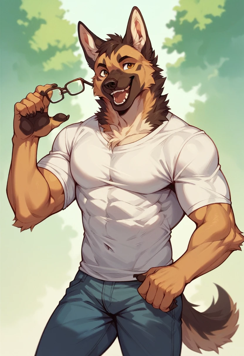 One, publish, fluffy german shepherd, muscular body, Beautiful, smiling, mouth open, holding glasses, cool pose, Casual shirt, casual pants.
