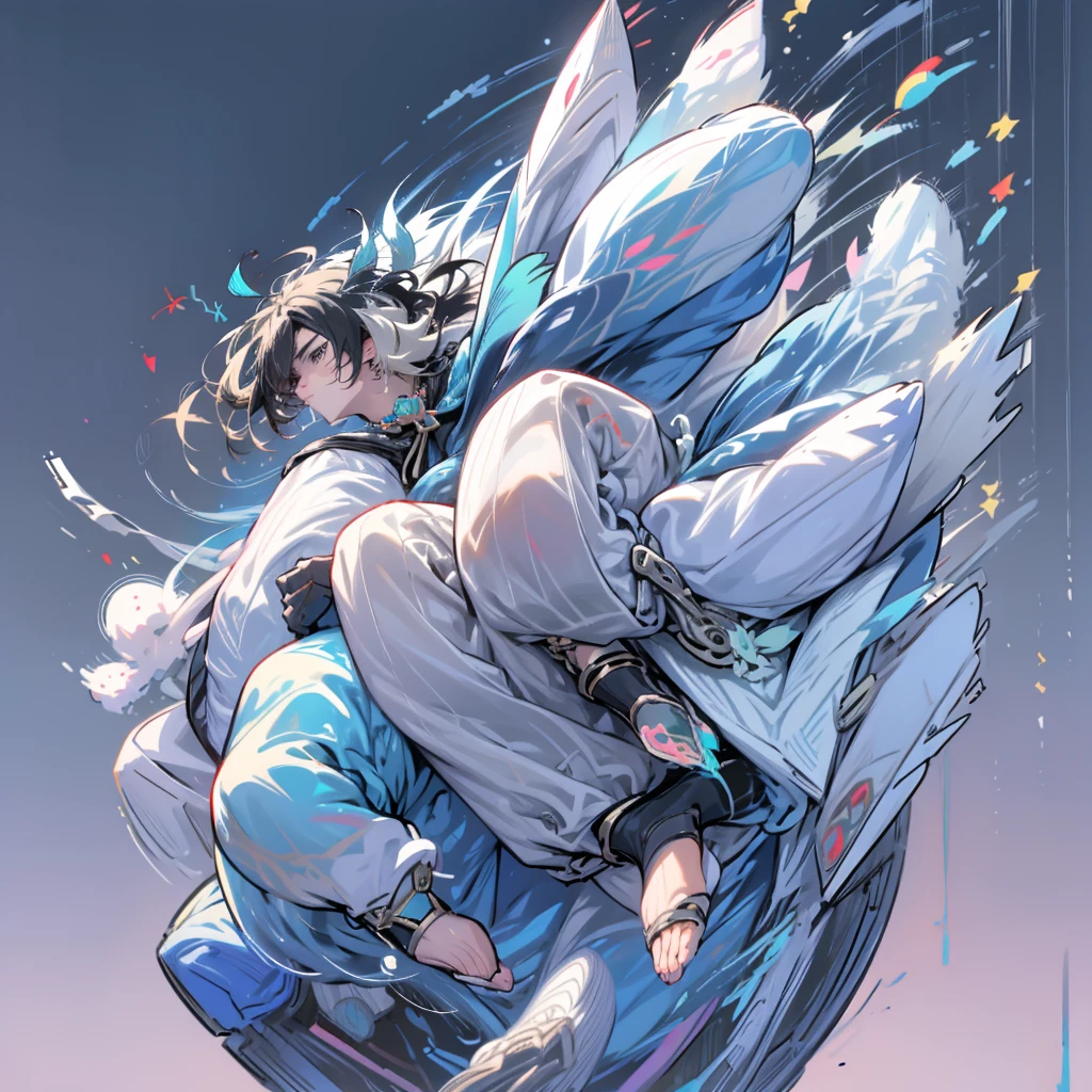 anime reference sheet,young guy, Unique messy black hair with white highlights at the end of her hair,various hair styles,blue eyes,various styles of clothing,contrasting colors,simple background, various angles,several unique poses,snow leopard ears and tail