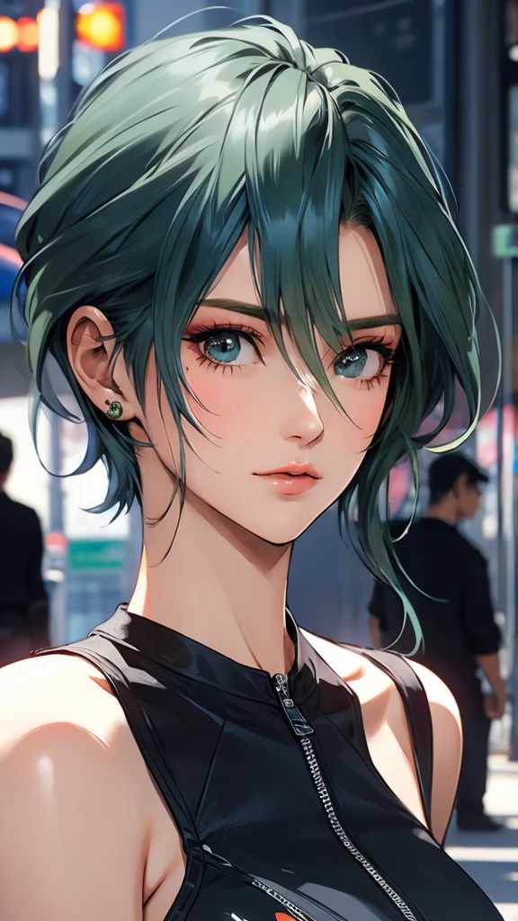 1 Female, Tamaki, green short hair, hair between eyes, (detailed eyes:1.3), Street fashion, boyish