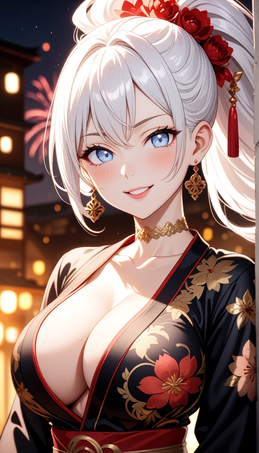((one personの女性)), Beautiful Face, (Laughing embarrassedly), (seductive smile:1.4), ((wink:1.9)), (head tilt:1.3), Laugh with your mouth wide open, upper teeth, looking down at viewer, ((Bright red cheeks:1.4)),Glossy Red Lips,rooftop, firework, Glossy red lips, Shining Face, ((Anime style background)),masterpiece, Highest quality, so beautiful,up to date, complex details, (Pink long nails),(ring),(bracelet),(Floral choker),AI-generated, complex,High resolution, Highest quality, super high quality,3D Images、3D Images,one person,Long white hair,High Ponytail, Anime woman posing for a photo,(blue eyes), ((Fine grain、Silvery white, lightly pigmented eyes、Shining Eyes:1.2)), (Squint your eyes:1.1),a hyperRealistic , hyperRealistic , Realistic,Anime woman with long white hair, Smooth anime CG art, A woman in a colorful kimono with gold embroidery, (Black long sleeve kimono),Red floral pattern,Long flower hair ornament,Earrings,Mature Body,(Big Breasts:1.1),Tall,Abdominal muscles,Tight waist,(Zoom up to face:1.5), (front view),