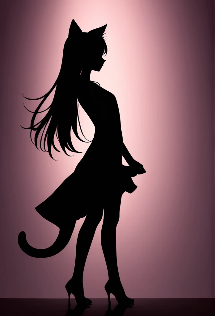 the silhouette of a beautiful slender girl with long hair in a sitting position in the form of a shadow, it is possible with cat ears,Xill