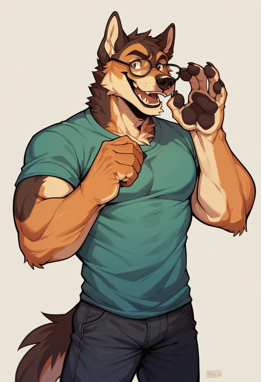solo, pubraseer, furry german sheperd dog, muscular body, handsome, Smiling, mouth open, holding glassess, cool pose, casual shirt, casual pants.