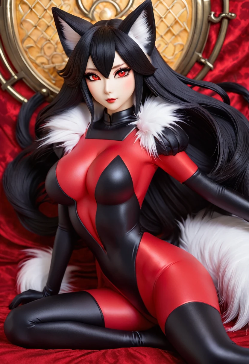   Beautiful black Kitsune, red eyes, highly detailed face, highly detailed eyes, big breasts, sexy figure, mature woman, several black kitsune tails, soft long Black Kitsune ears, Wearing Red And Black Race Suit, wide waist