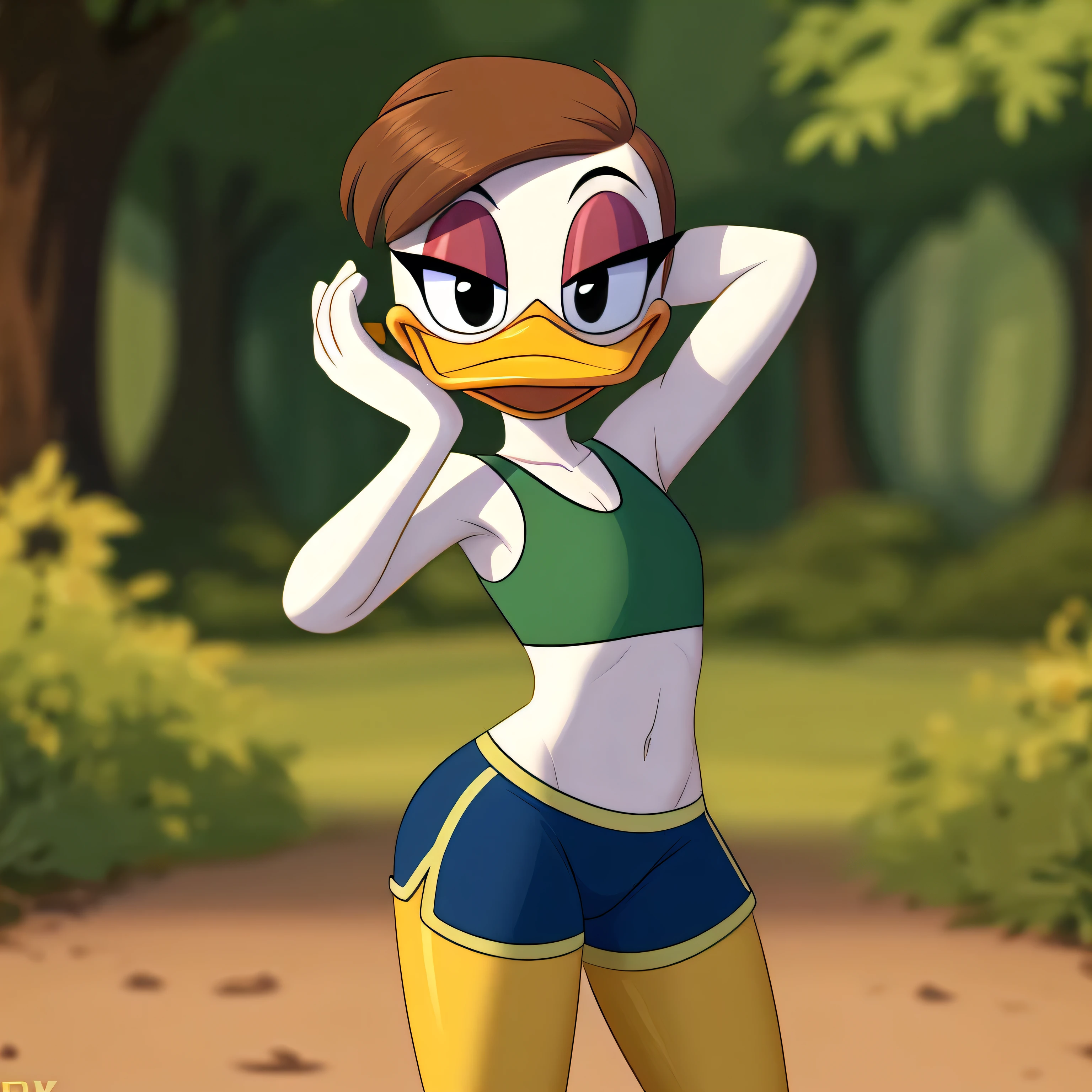 Lana Duck, female duck, brown hairstyle, (yellow legs: 1.4), duck, wears green sports bra, detailed, green shorts, happy, smiling, black eyes, scut tail, flat chested, (detailed white skin: 1.5), (skinny torso: 1.3), red eyeshadow, ducktales, eyeliner, intricate, 8k hd, highest quality, beak, hands behind head, standing, solo:1.2, duck beak, eyeliner, black eyes, (outside), (looking at viewer), (soft cinematic light:1.1), (showing her torso), (lovable attitude),