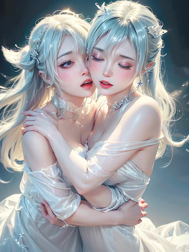 White Background、Professional Lighting、(((Professional Lighting 1.5)))、Translucent skin texture、Clear Skin、Beautiful Skin、、Off the shoulder、White Dress、Ecstasy of Musical Notes、(((kissing pose 1.5)))2People Women、