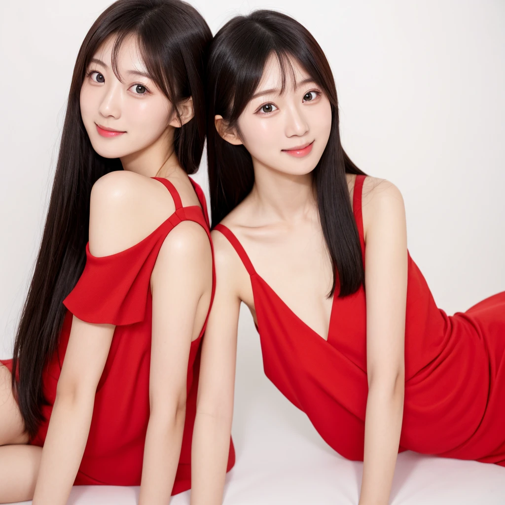 upper body, ;D,natural wink,one Japanese girl,sexy red party dress, grown-up face ,Body and face facing front, white background. Looking forward.