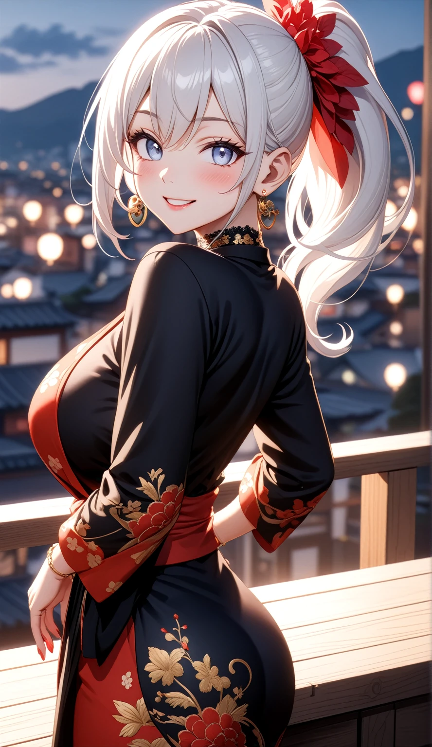 ((One personの女性)), Beautiful Face, (Laughing embarrassedly), (seductive smile:1.4), ((Wink:1.9)), (head tilt:1.3), Laugh with your mouth wide open, upper teeth, looking down at viewer, ((Bright red cheeks:1.4)),Glossy Red Lips,rooftop, firework, Glossy red lips, Shining Face, ((Anime style background)),masterpiece, Highest quality, so beautiful,up to date, Complex details, (Pink long nails),(ring),(bracelet),(Floral choker),AI-generated, Complex,High resolution, Highest quality, super high quality,3D Images、3D Images,One person,Long white hair,High Ponytail, Anime woman posing for a photo,(blue eyes), ((Fine grain、Silvery white, lightly pigmented eyes、Shining Eyes:1.3)), (Squint your eyes:1.1),a hyperRealistic , hyperRealistic , Realistic,Anime woman with long white hair, Smooth anime CG art, A woman in a colorful kimono with gold embroidery, (Black long sleeve kimono),Red floral pattern,Long flower hair ornament,Earrings,Mature Body,(Big Breasts:1.1),Tall,Abdominal muscles,Tight waist, ((from behind)),