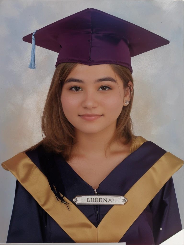 Arafed photo of a young woman in a graduation gown., graduation photo,