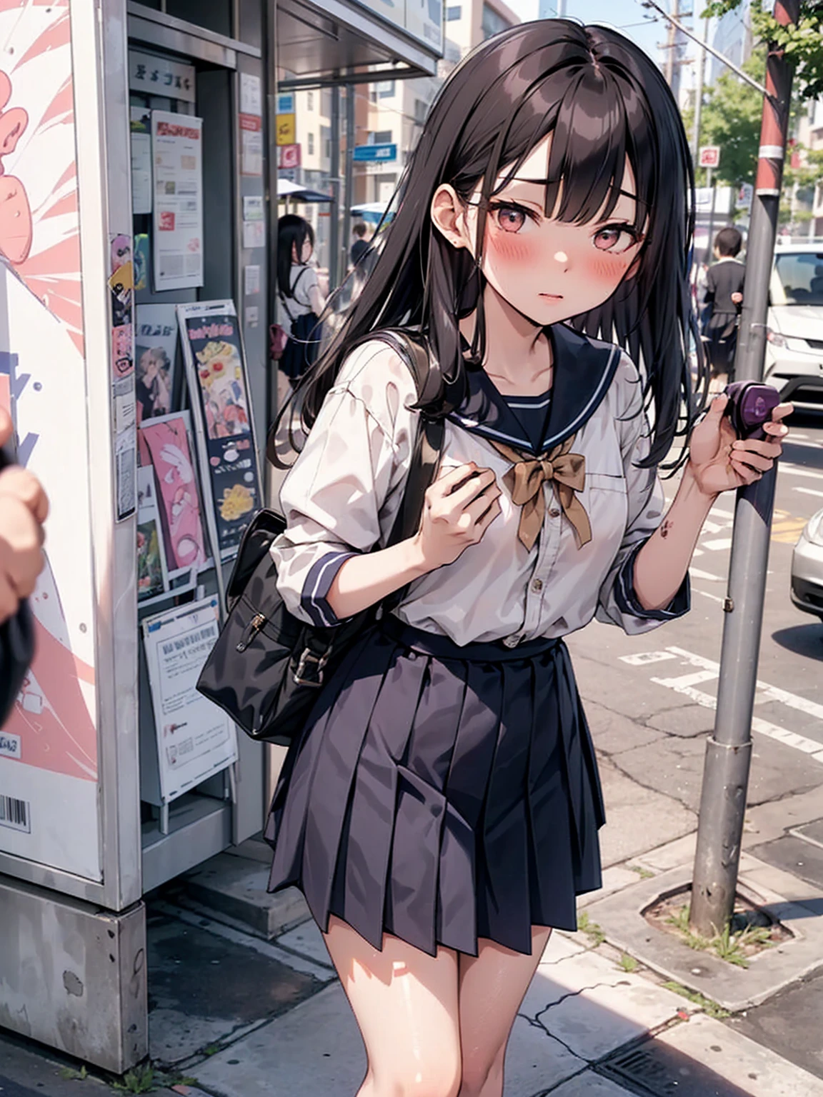 (juice:1.3,Remote vibrator, blush),Are standing, Navy pleated skirt, On the way to school, blush