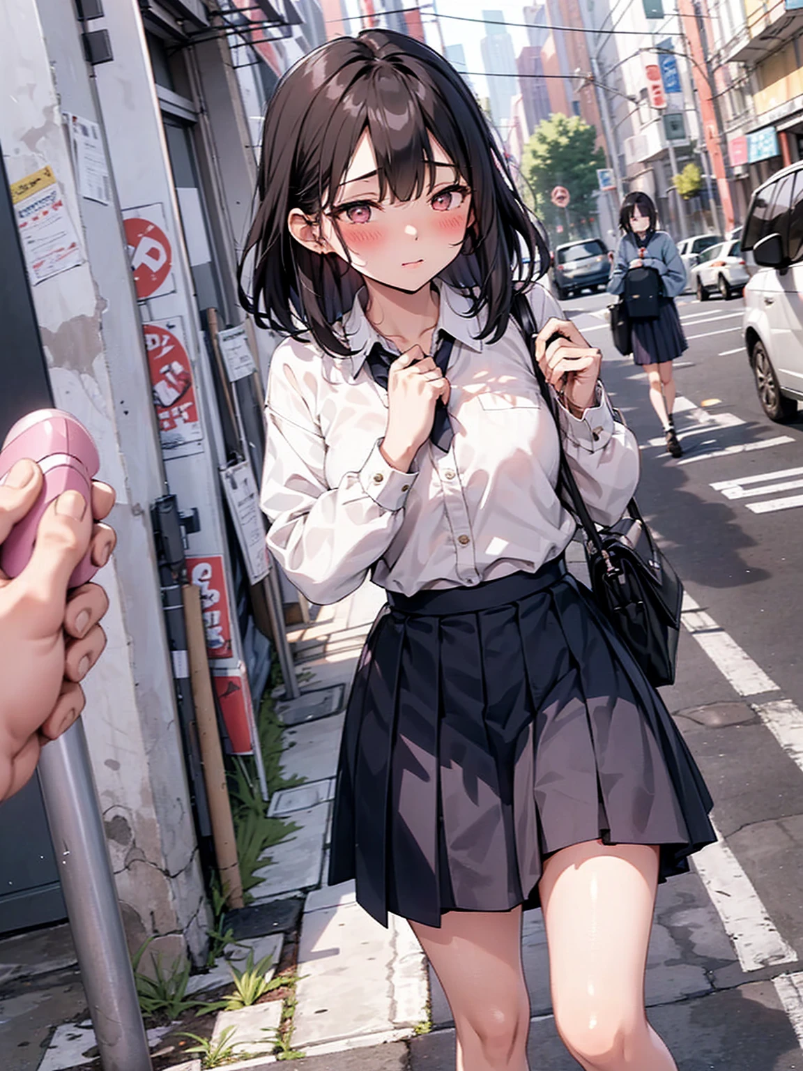 (juice:1.3,Remote vibrator, blush),Are standing, Navy pleated skirt, On the way to school, blush