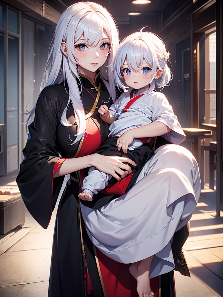 Ningguang, 1woman, as a mother, holding a little baby boy, white colour hair, 8k, high detailed, high quality