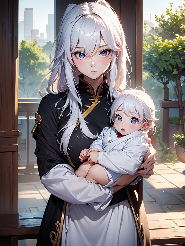 Ningguang, 1woman, as a mother, holding a , white colour hair, 8k, high detailed, high quality