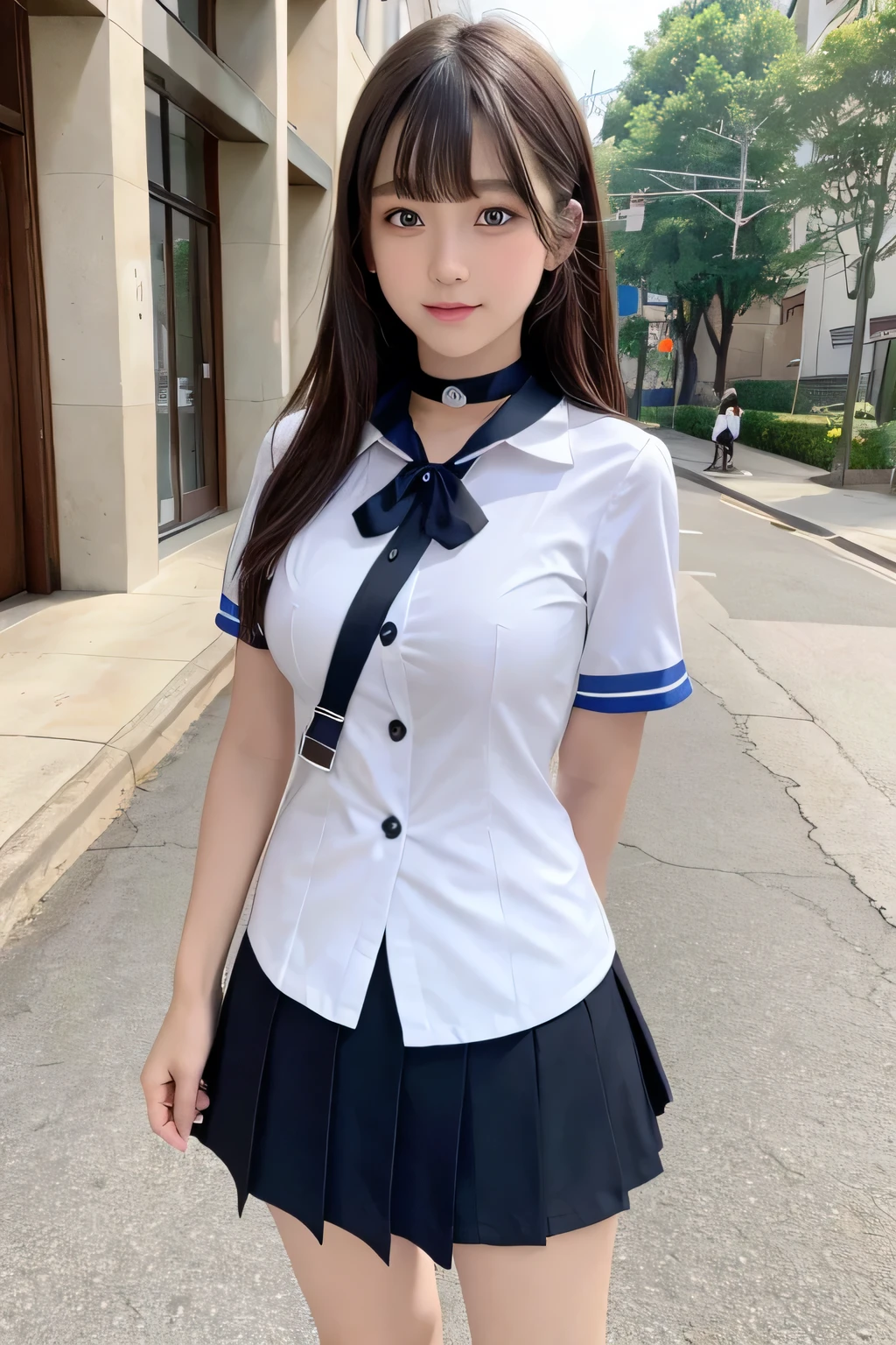 Group photo、((Layered Haircut)),(8K,Highest quality),Full Body Shot,Shot from medium distances,School classルーム,student,class,class,open-collar shirt、Wear a JK skirt,Full body photo、 Adorable, smile, length, brown hair, 32k, masterpiece, Best image quality,Ultra-high resolution,Perfect hands,Black Choker、blue eyes、bangs、Very numerous and very long eyelashes、uniform、 School、Summer clothes